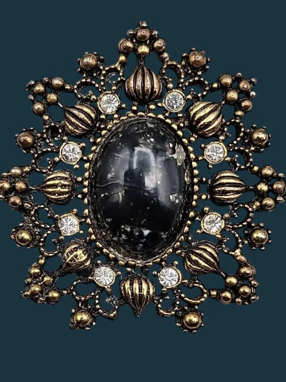 Vintage Victorian Revival Black Cabochon Starburst Brooch Pin Gold Tone Filigree